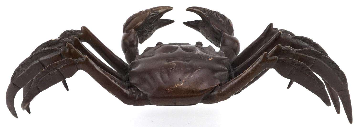 A Japanese patinated bronze okimono figure of a crab, character marks to the base, 24cm wide. - Image 3 of 5