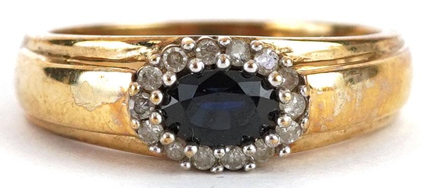 A 9ct gold sapphire and diamond cluster ring, size P, 3.2g.