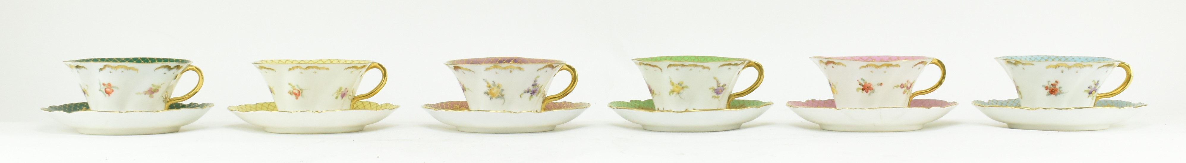 SIX DRESDEN HAND PAINTED CHINA RIBBON EDGE CUPS AND SAUCERS - Image 2 of 8