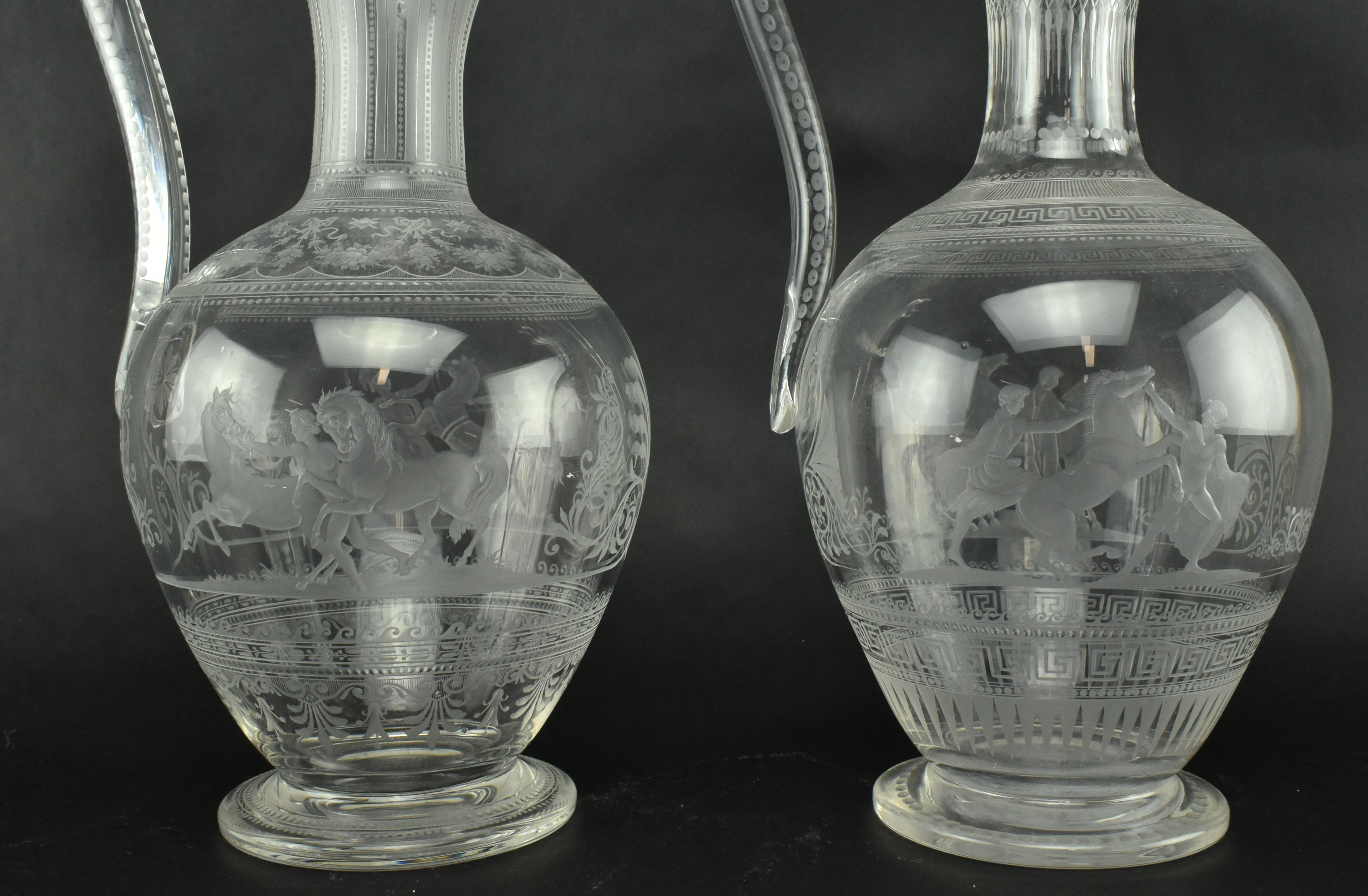 PAIR OF VICTORIAN CIRCA 1860 ENGRAVED GLASS EWERS - Image 6 of 8