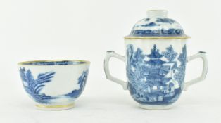 TWO 18TH CENTURY BLUE AND WHITE TEACUP & SUGAR POT