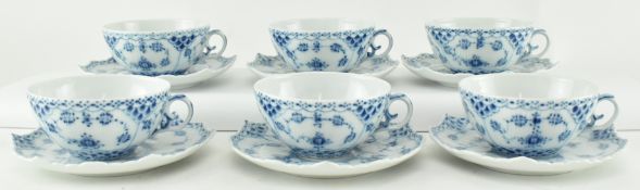 ROYAL COPENHAGEN - SET OF 6 BLUE FLUTED LACE CUPS AND SAUCERS