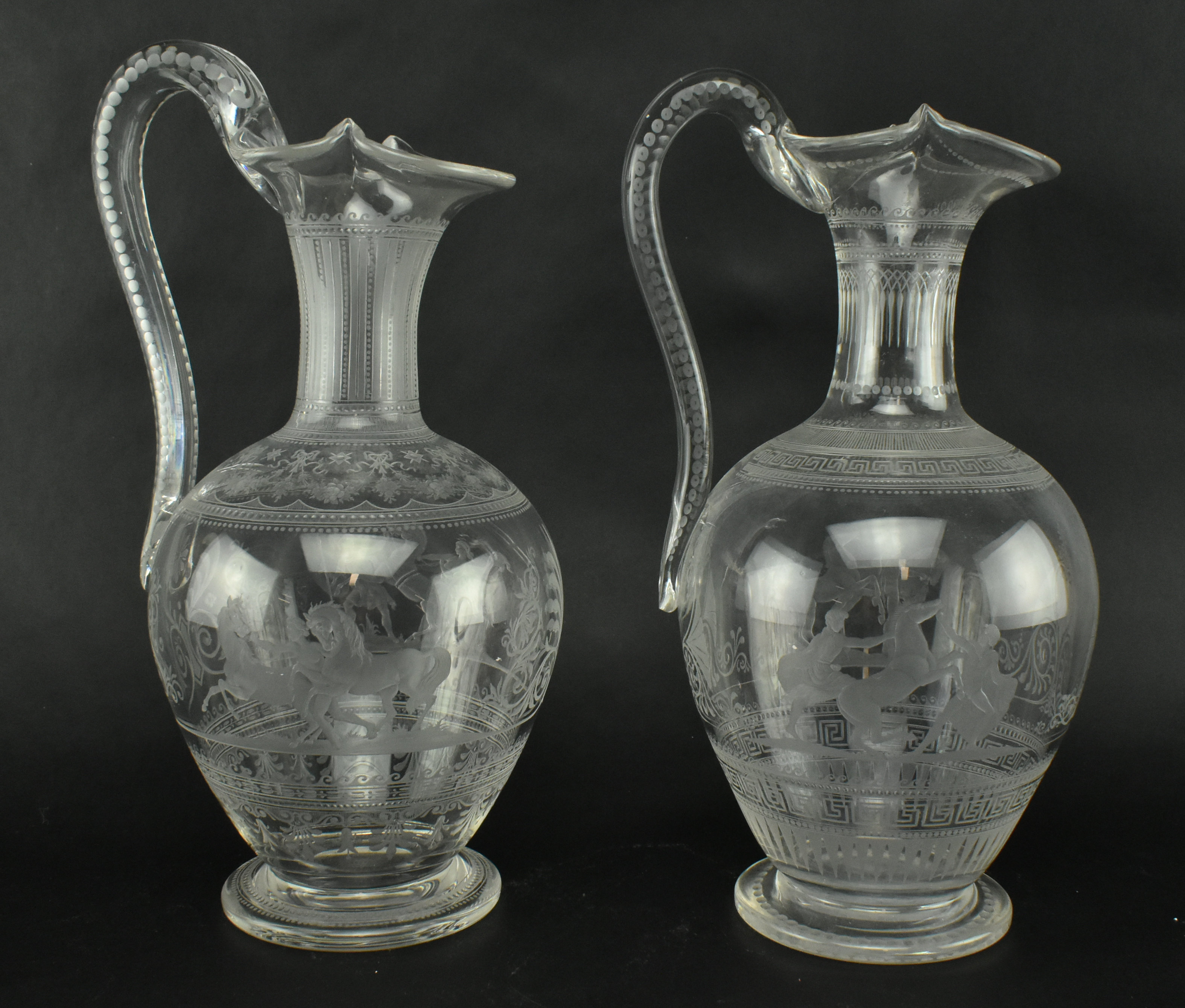 PAIR OF VICTORIAN CIRCA 1860 ENGRAVED GLASS EWERS - Image 2 of 8