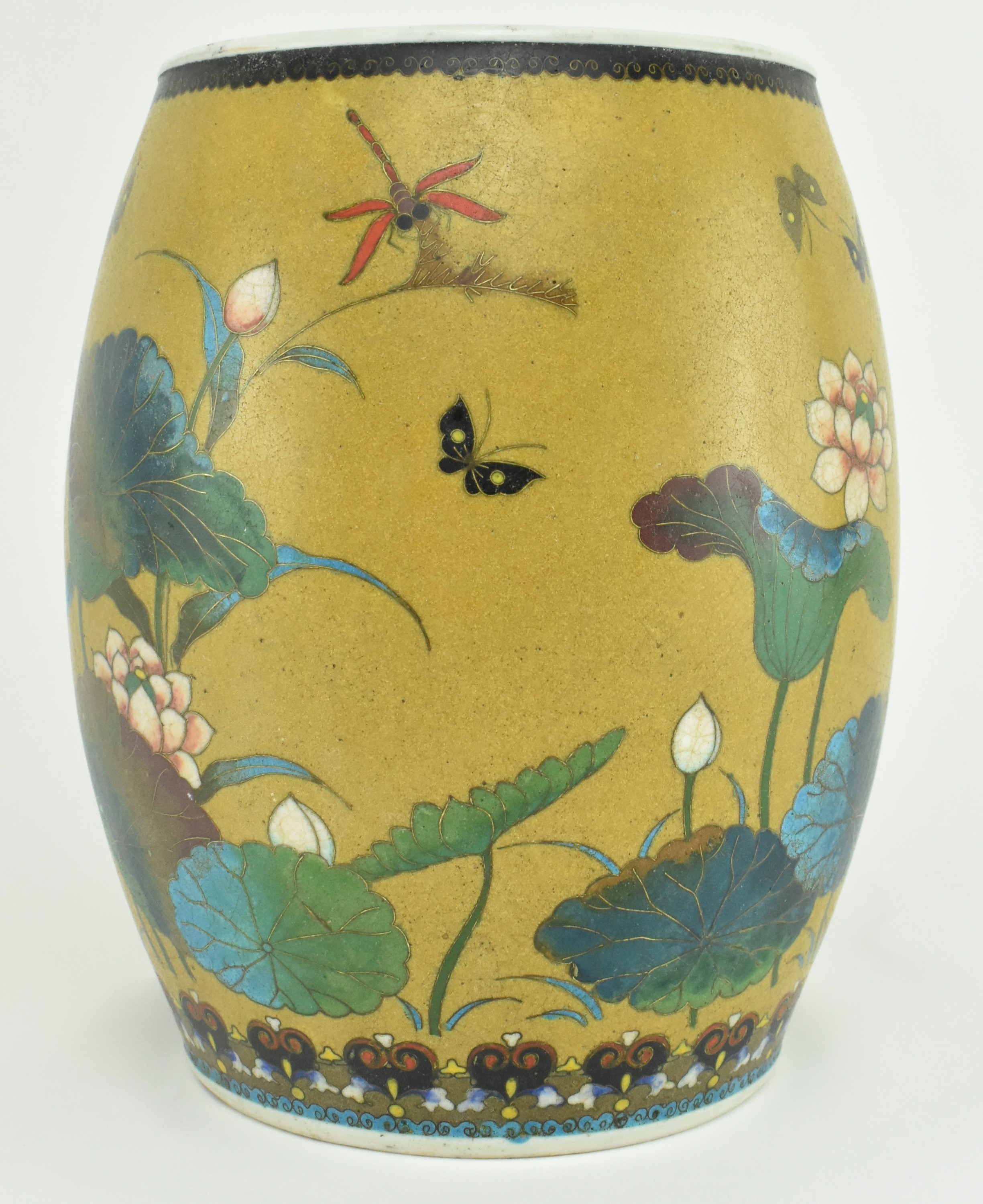 JAPANESE LATE 19TH CENTURY CHAMPLEVE CERAMIC BARREL VASE - Image 2 of 8