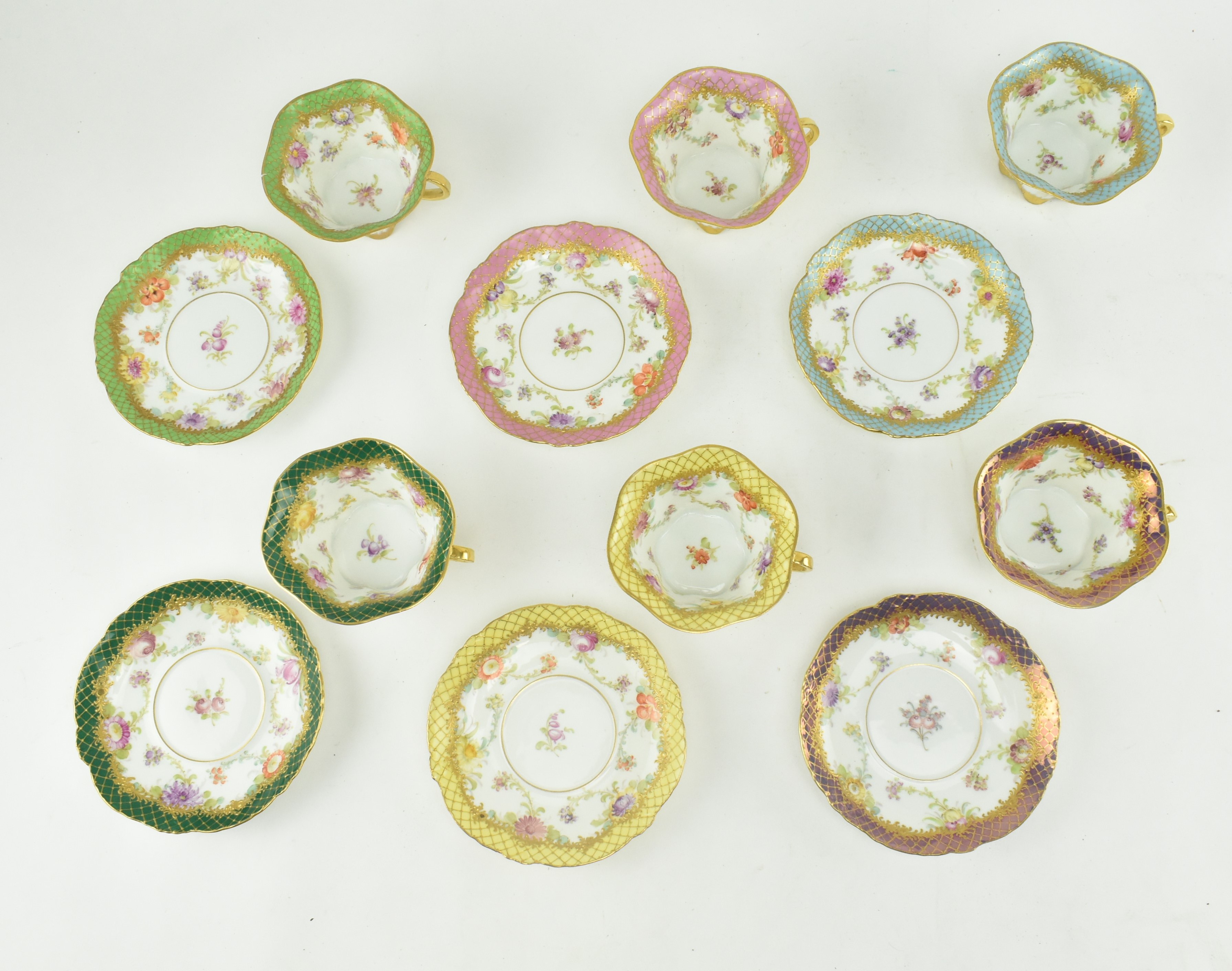 SIX DRESDEN HAND PAINTED CHINA RIBBON EDGE CUPS AND SAUCERS - Image 4 of 8