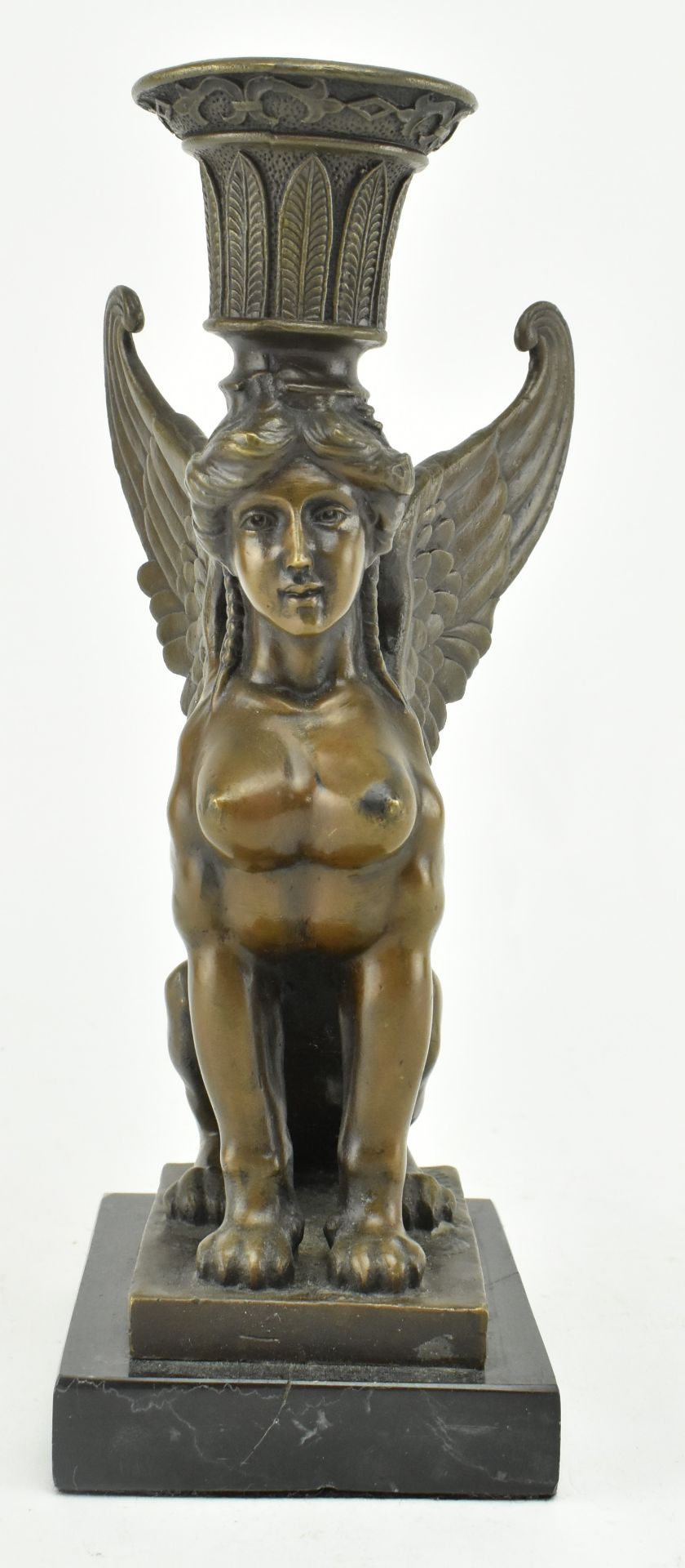 SIGNED ART DECO BRONZE & MARBLE NUDE SPHINX CANDLE HOLDER - Image 2 of 6