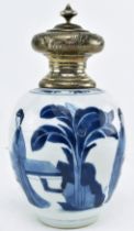 18TH CENTURY CHINESE BLUE AND WHITE CERAMIC CADDY WITH SILVER TOP