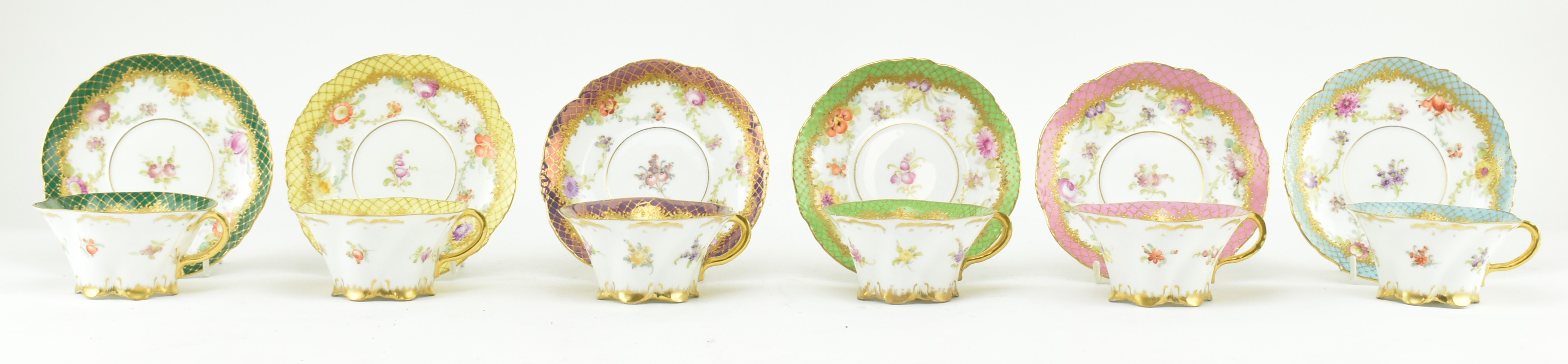 SIX DRESDEN HAND PAINTED CHINA RIBBON EDGE CUPS AND SAUCERS - Image 3 of 8