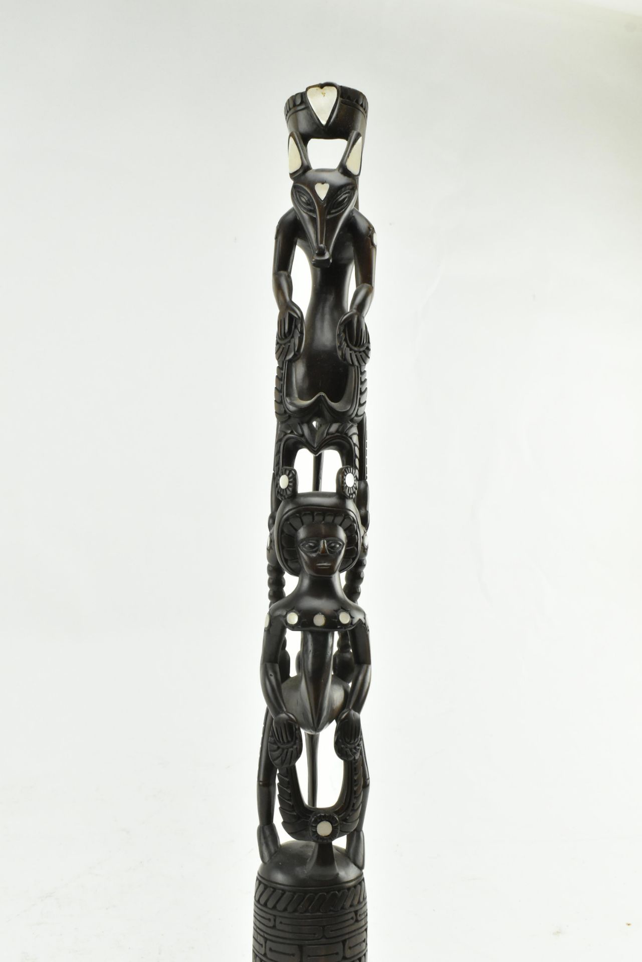 POLYNESIAN HARDWOOD & MOTHER OF PEARL TOTEM STATUE & REST - Image 6 of 6
