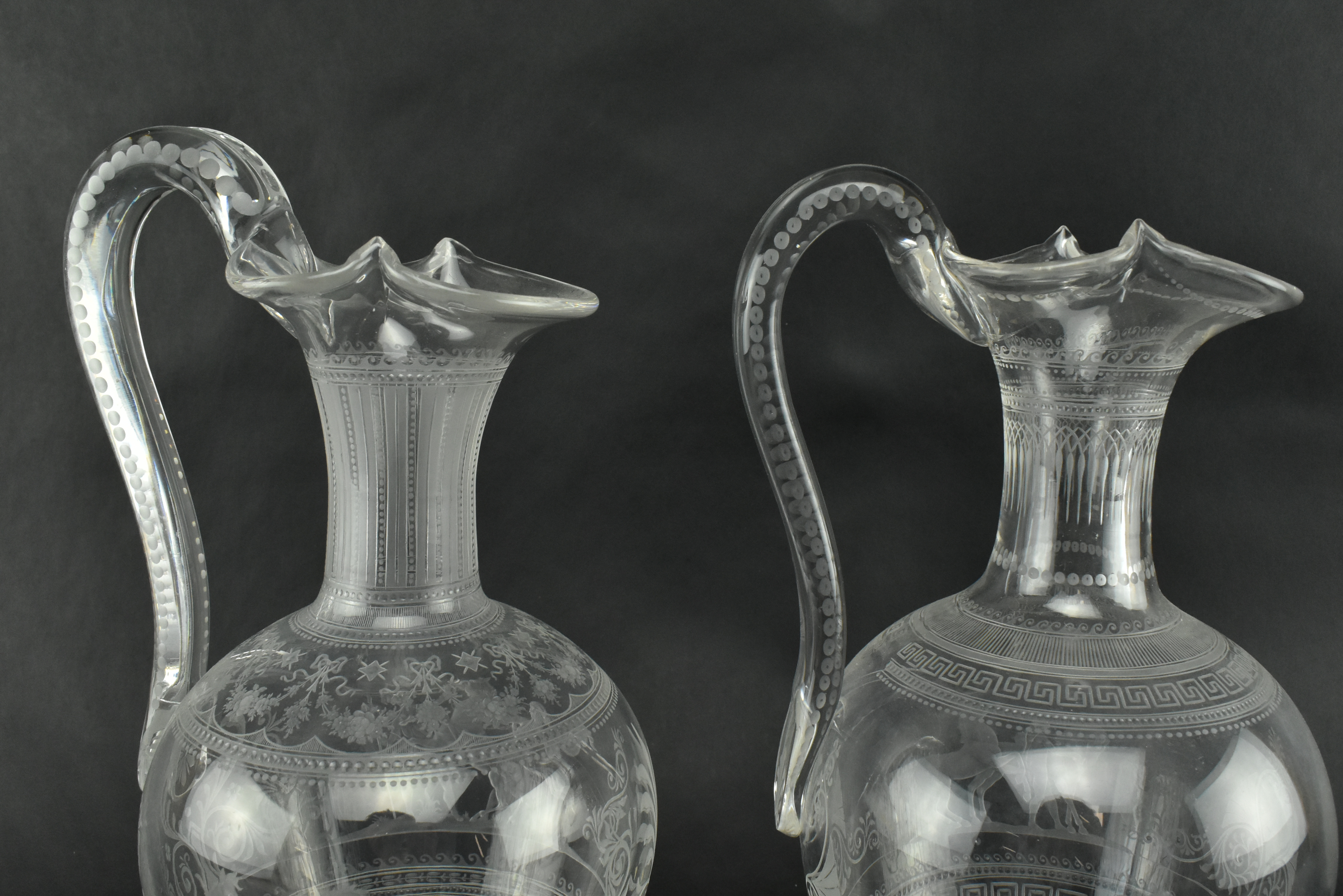 PAIR OF VICTORIAN CIRCA 1860 ENGRAVED GLASS EWERS - Image 4 of 8