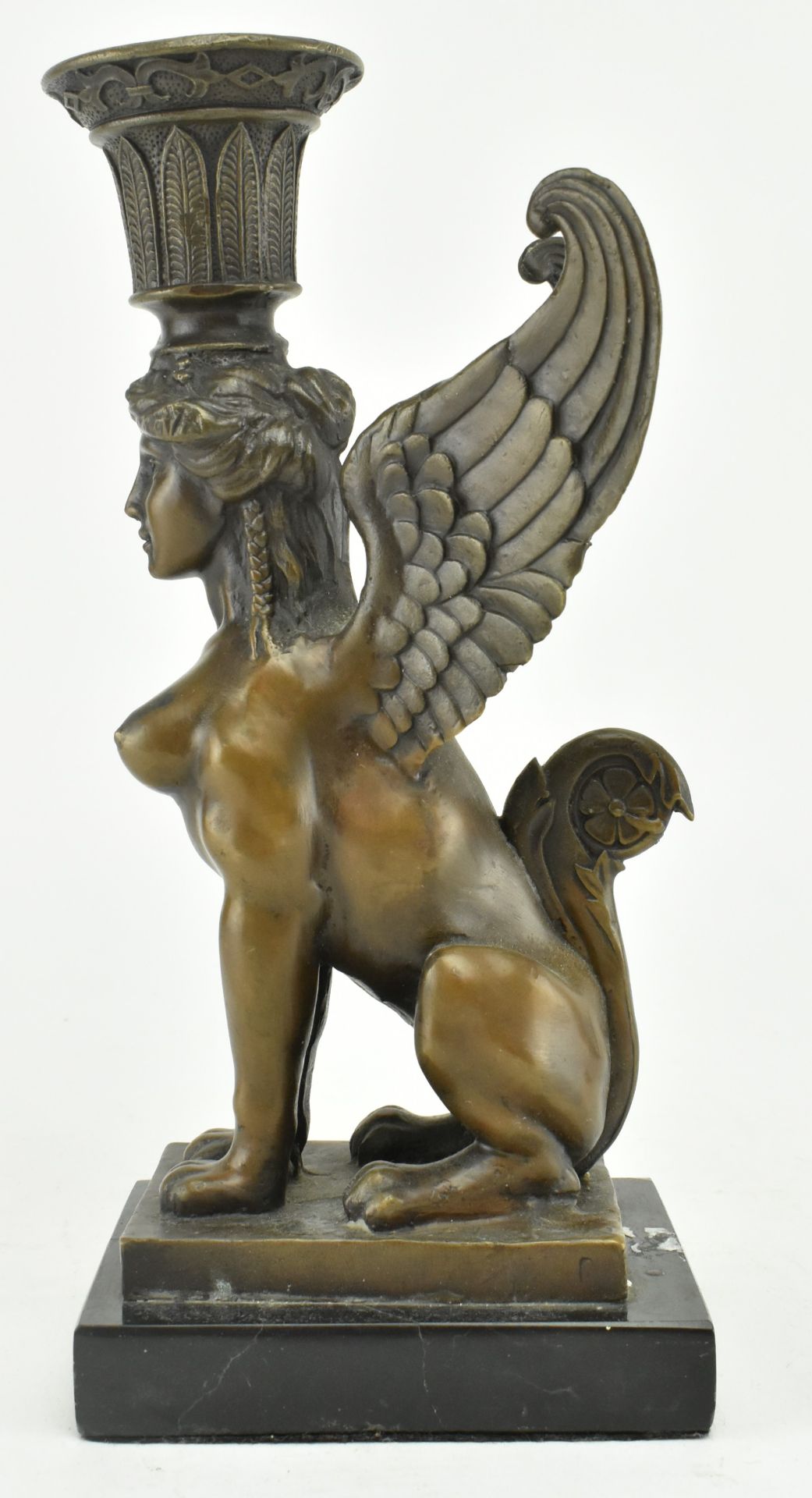 SIGNED ART DECO BRONZE & MARBLE NUDE SPHINX CANDLE HOLDER - Image 3 of 6