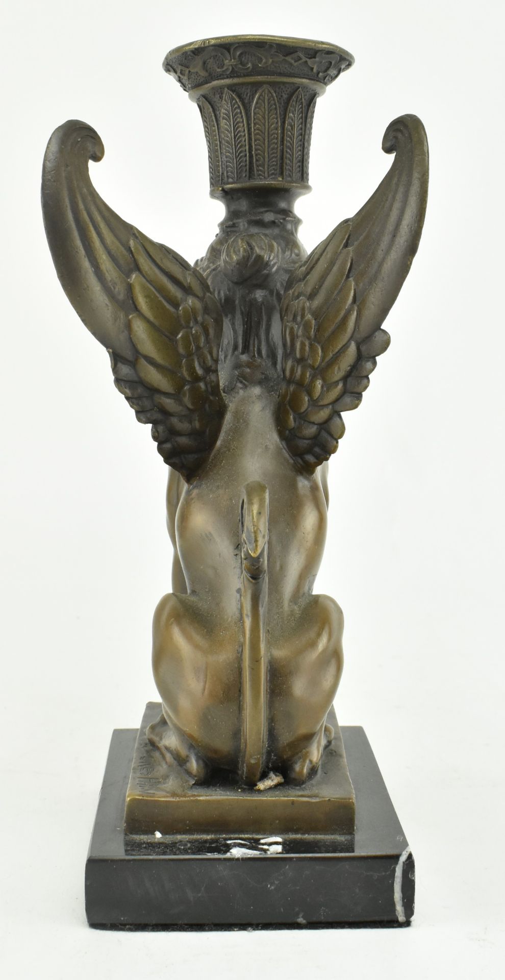 SIGNED ART DECO BRONZE & MARBLE NUDE SPHINX CANDLE HOLDER - Image 4 of 6