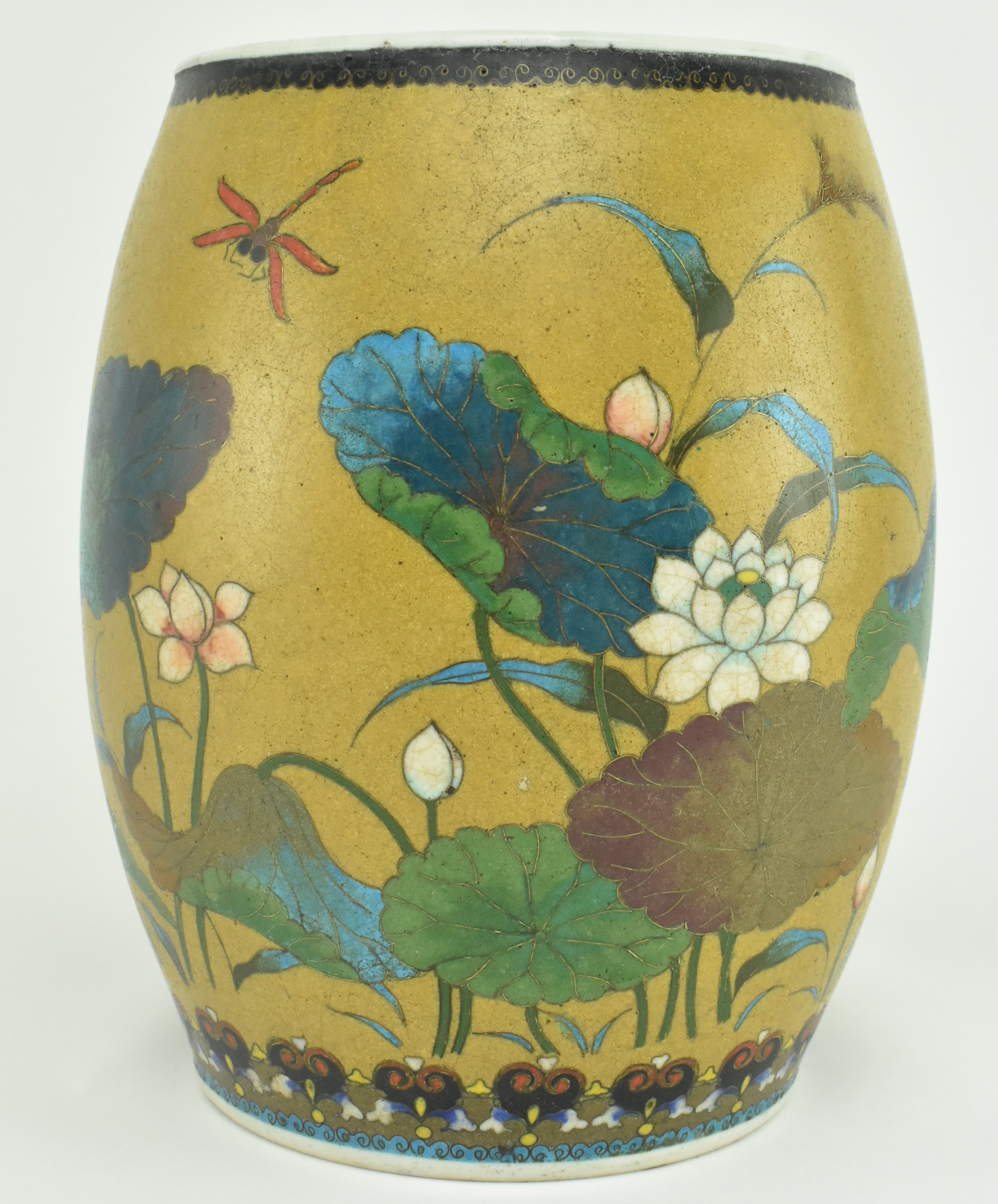 JAPANESE LATE 19TH CENTURY CHAMPLEVE CERAMIC BARREL VASE