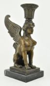 SIGNED ART DECO BRONZE & MARBLE NUDE SPHINX CANDLE HOLDER