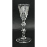 CIRCA 1740 JACOBITE ENGRAVED WINEGLASS WITH DOUBLE KNOP STEM