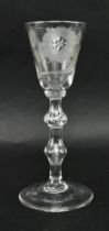 CIRCA 1740 JACOBITE ENGRAVED WINEGLASS WITH DOUBLE KNOP STEM