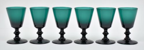 SIX LATE GEORGE III GREEN GLASS TAPERING WINE GLASSES