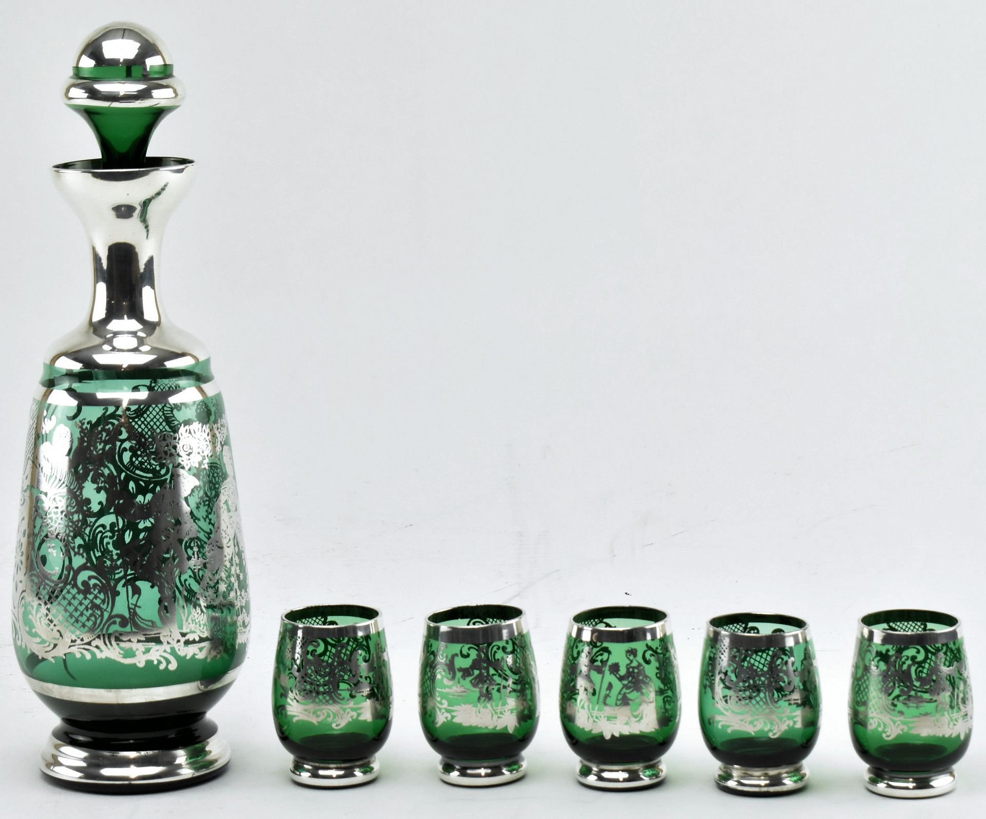 SET OF VENETIAN SILVERED EMERALD GLASS DECANTER & 6 GLASSES