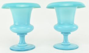PAIR OF FRENCH 19TH CENTURY BLUE OPALINE GLASS URNS