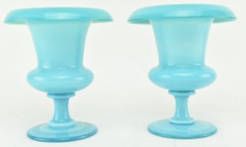 PAIR OF FRENCH 19TH CENTURY BLUE OPALINE GLASS URNS