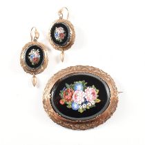 VICTORIAN 19TH CENTURY PIETRA DURA BROOCH & EARRING SUITE