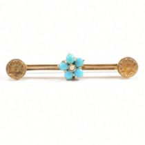VICTORIAN 9CT GOLD TURQUOISE & PEARL BROOCH PIN
