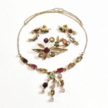 TOURMALINE GARNET TOPAZ NECKLACE EARRINGS & BROOCH PARURE