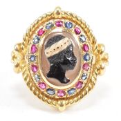 18CT GOLD BLACKAMOOR AGATE CAMEO RUBY & SAPPHIRE RING