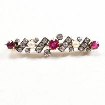 EARLY 20TH CENTURY RUBY DIAMOND & PEARL BROOCH PIN