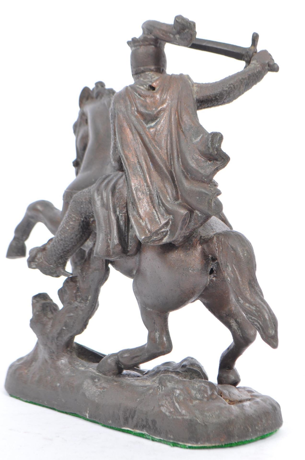 SPELTER FIGURE OF A CLASSICAL STYLE KNIGHT ON REARING HORSE - Image 4 of 5