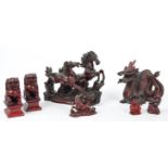 CINNABAR RED DRAGON LUCKY HORSES AND A PAIR OF TEMPLE DOGS