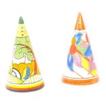 PAIR OF VINTAGE MULTI COLOURED SUGAR SHAKERS BY CLARICE CLIFF