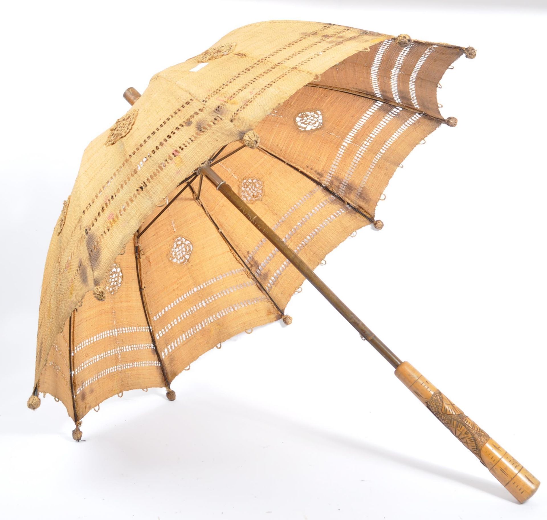 THREE 20TH CENTURY PARASOLS - SILK - HESSIAN - CARVED - Image 6 of 11