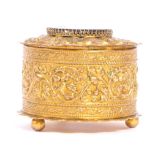 GOLD PLATED FLORAL ENGRAVED HINGED ROUND JEWELLERY BOX