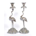 PAIR OF 1920S JAPANESE SILVER PLATED BRONZE CRANE CANDLESTICKS