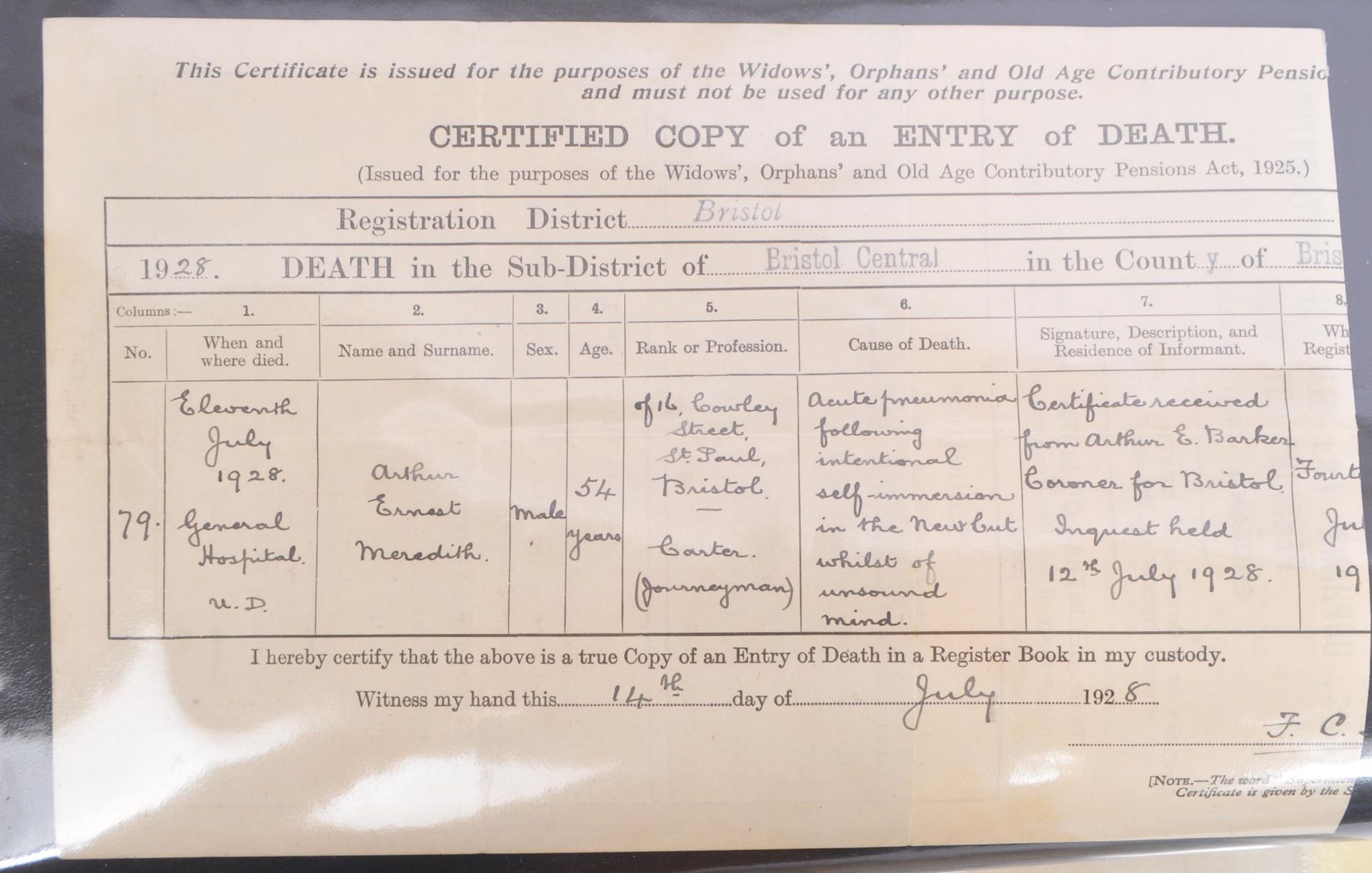 1920S VAUXHALL BRIDGE BRISTOL DEATH CERTIFICATE AND REL ARTICLES - Bild 6 aus 6