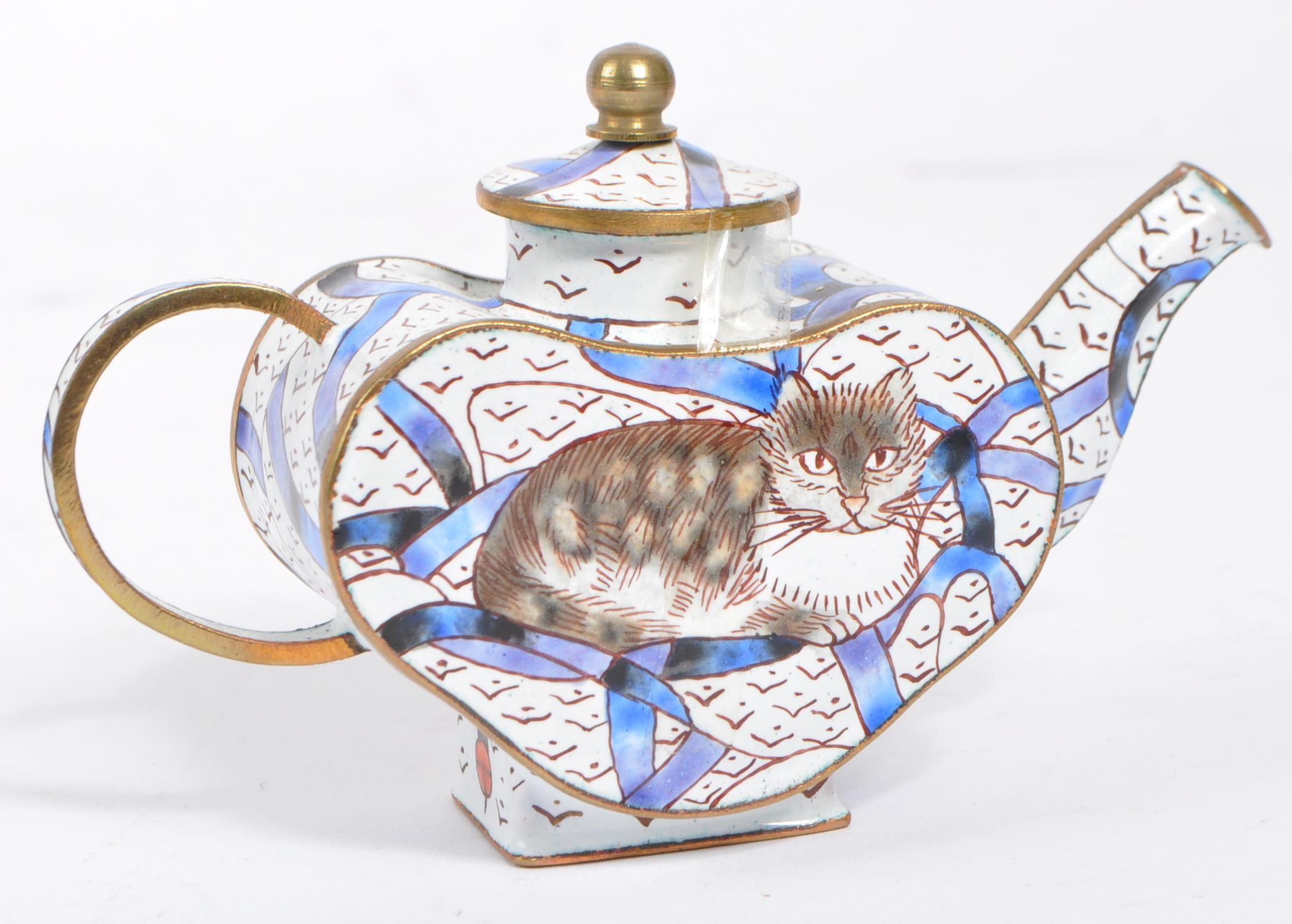 SIX MINIATURE ENAMEL & DECORATED BRASS TEAPOTS - Image 3 of 7