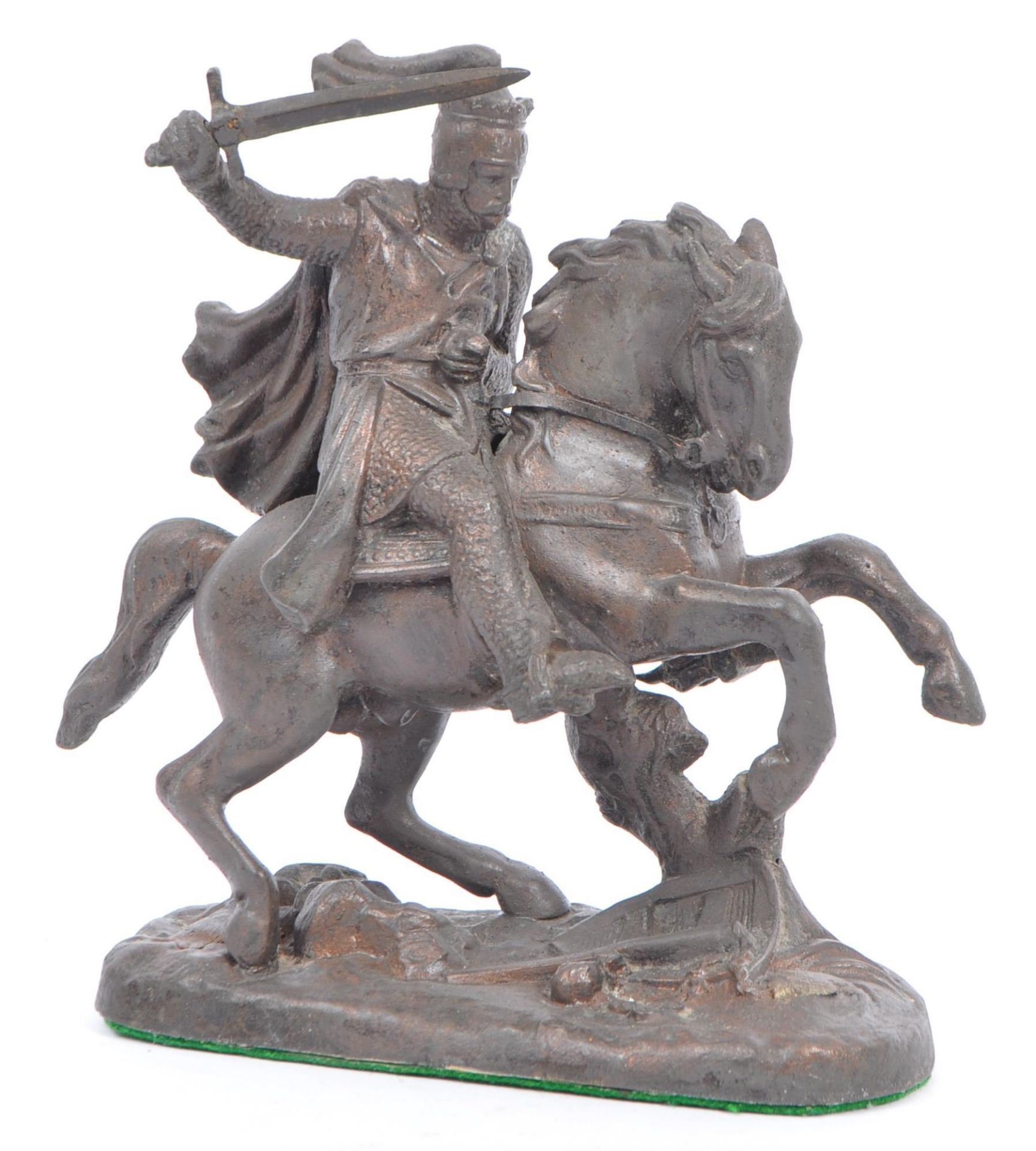 SPELTER FIGURE OF A CLASSICAL STYLE KNIGHT ON REARING HORSE