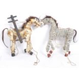 TWO VINTAGE WOODEN ANIMAL PUPPETS - ZEBRA & HORSE