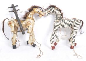 TWO VINTAGE WOODEN ANIMAL PUPPETS - ZEBRA & HORSE