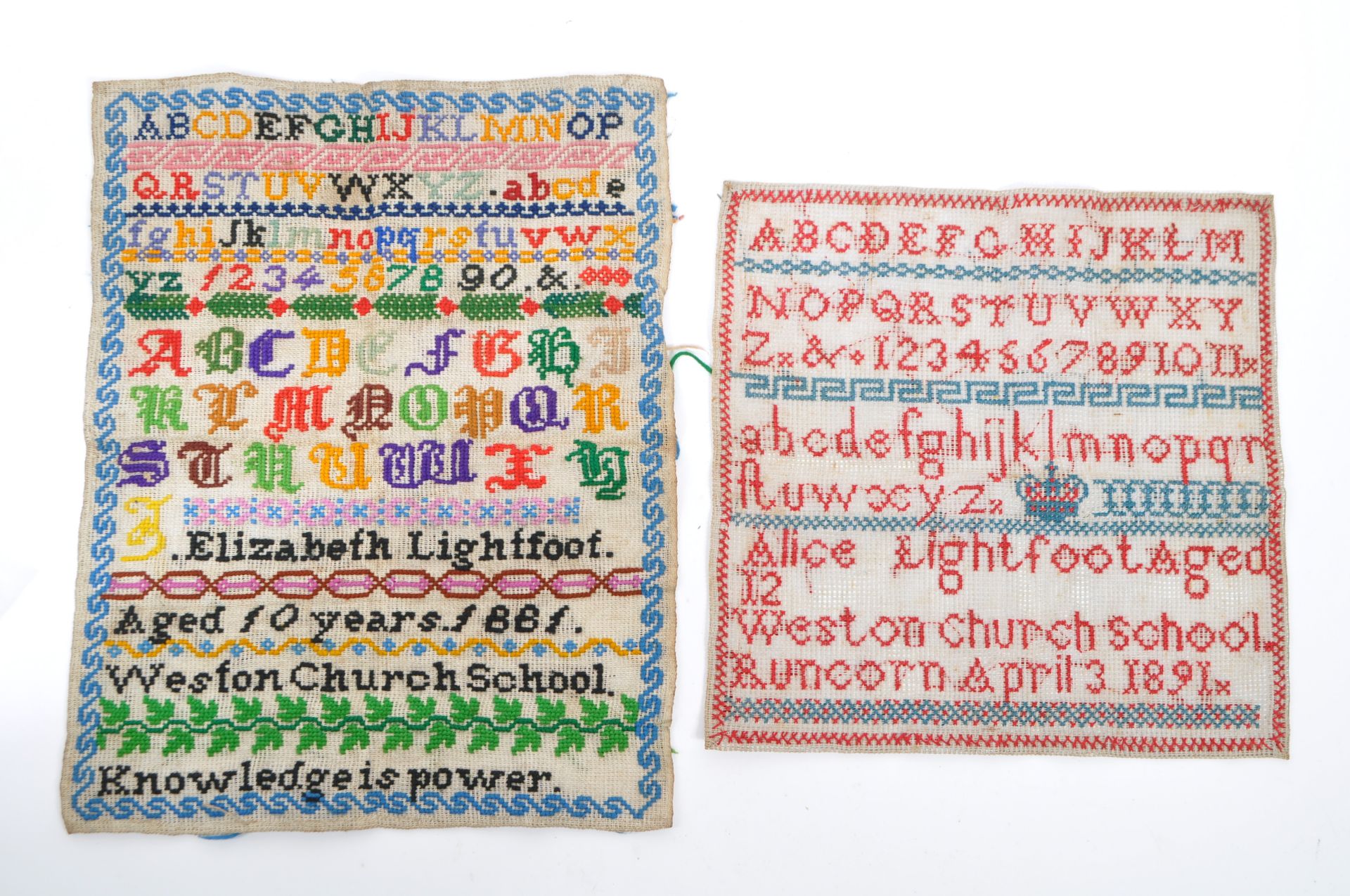 FAMILY GROUP OF EARLY AND LATE VICTORIAN NEEDLEWORK SAMPLERS