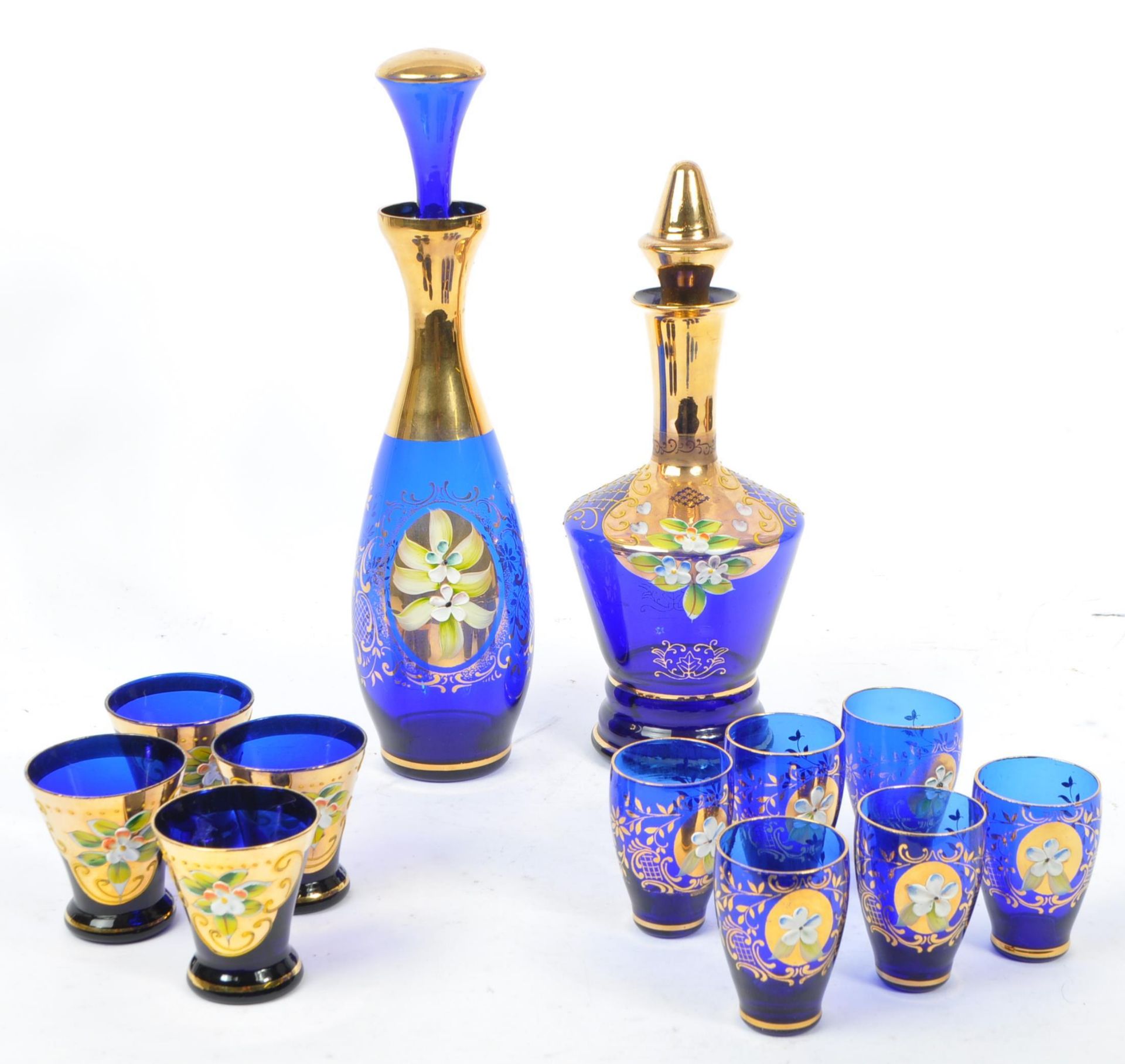 TWO COBALT BLUE BOHEMIAN ART GLASS DECANTERS & GLASSES