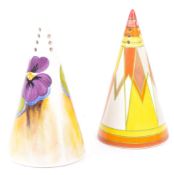 PAIR OF VINTAGE MULTI COLOURED SUGAR SHAKERS BY CLARICE CLIFF