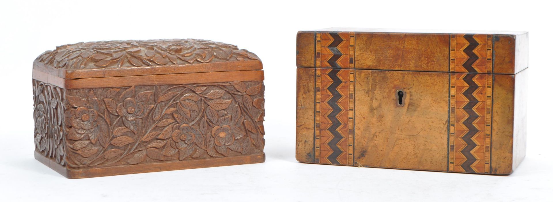 EARLY 20TH CENTURY TUNBRIDGE TEA CADDY & CAMPHOR BOX