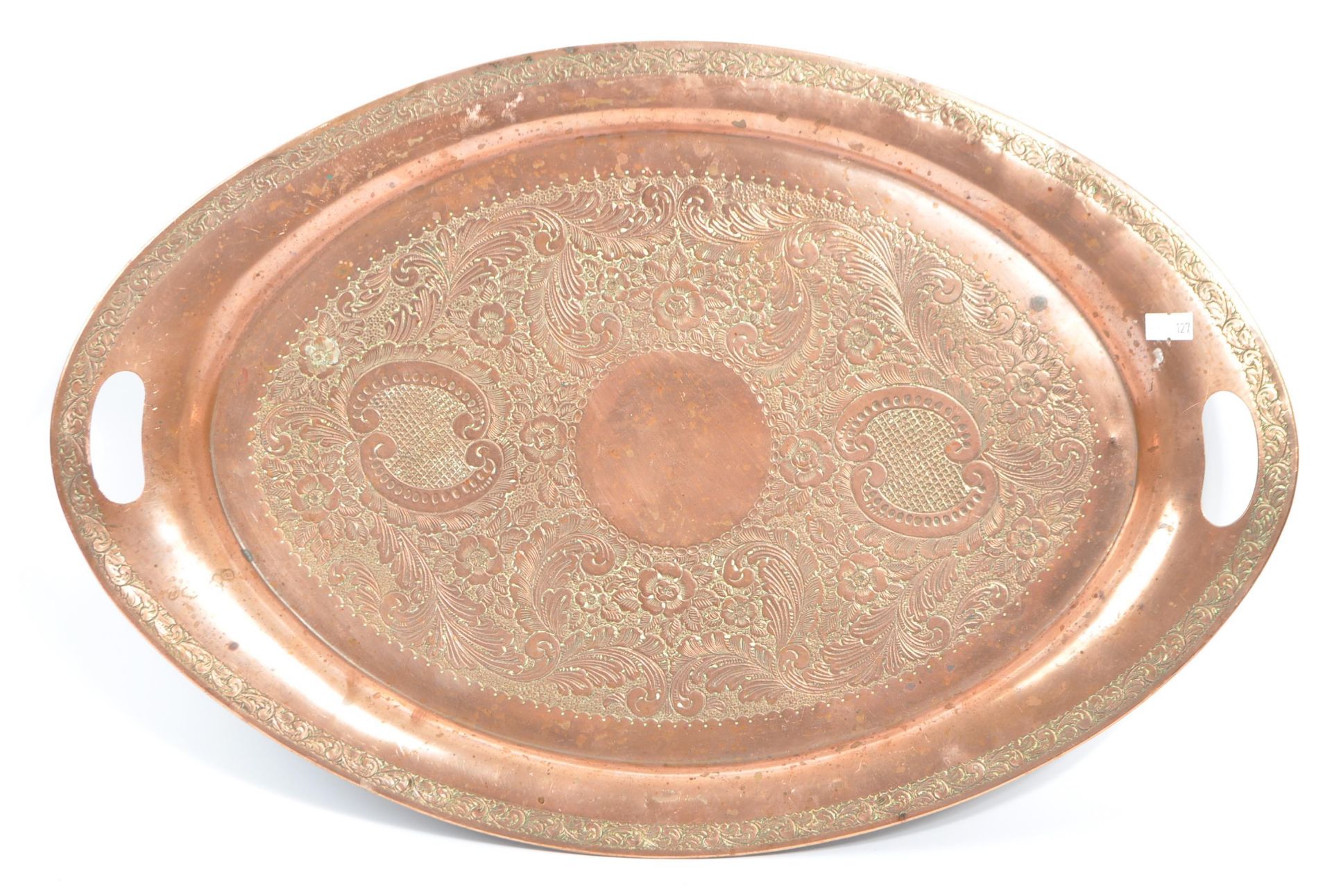 MID 20TH CENTURY OVAL INLAID ORNATE SCROLLWORK COPPER TRAY