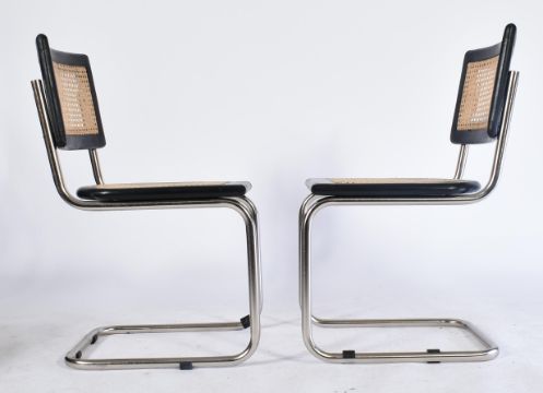 EIGHT VINTAGE RATTAN, BLACK OAK & CHROME CANTILEVER CHAIRS - Image 5 of 8