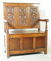 20TH CENTURY CARVED OAK HALL SETTLE BENCH