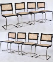 EIGHT VINTAGE RATTAN, BLACK OAK & CHROME CANTILEVER CHAIRS