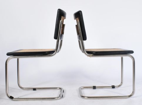 EIGHT VINTAGE RATTAN, BLACK OAK & CHROME CANTILEVER CHAIRS - Image 6 of 8