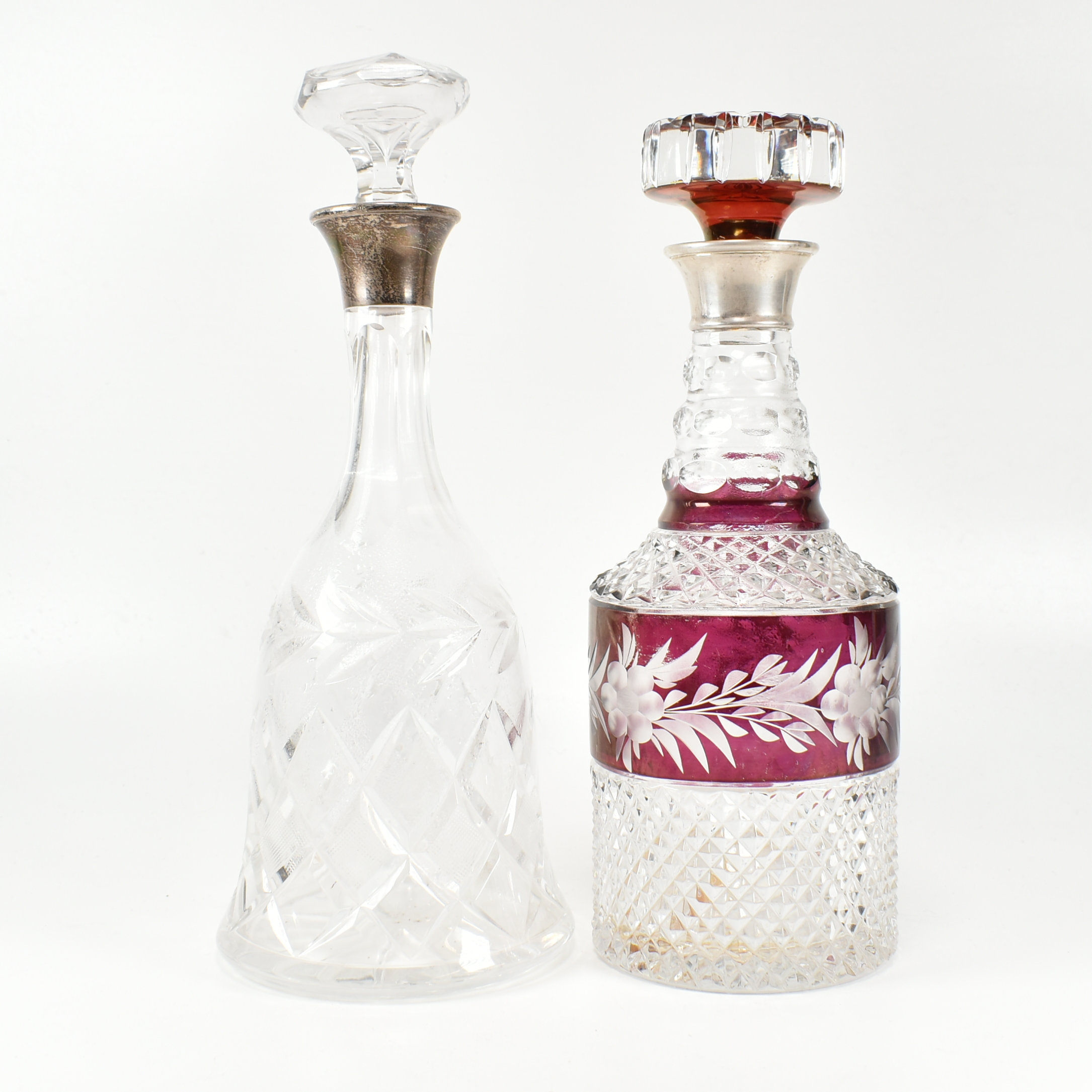 TWO 1970S HALLMARKED SILVER MOUNTED DECANTERS